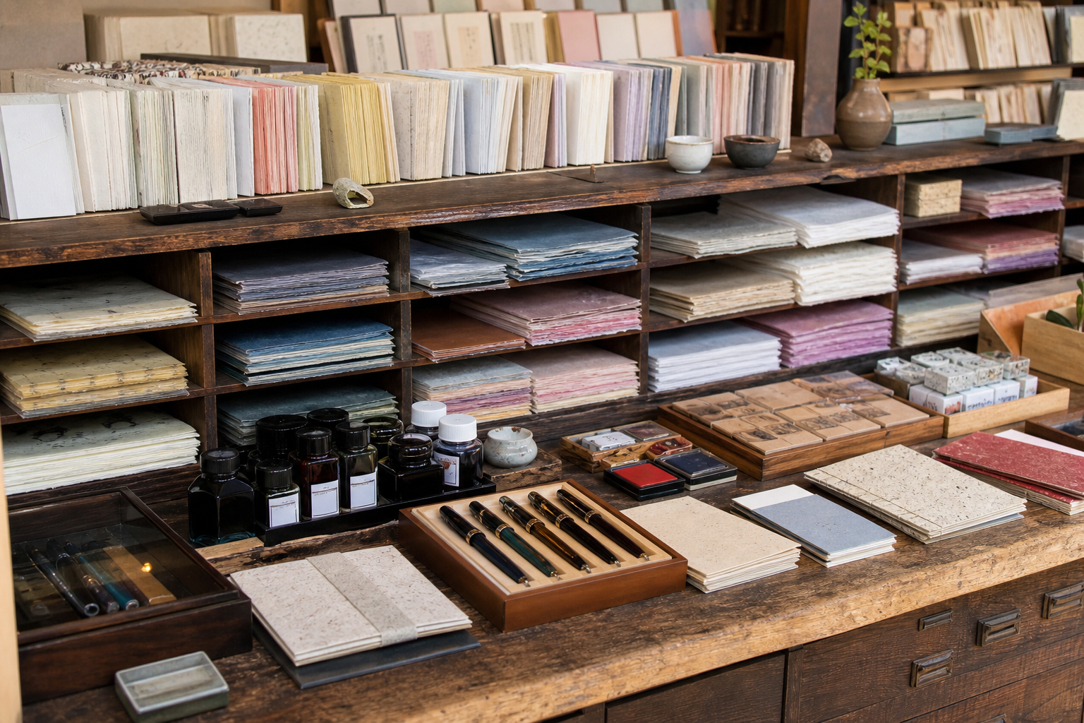 Rayons organisés : washi, encres, stylos et carnets.