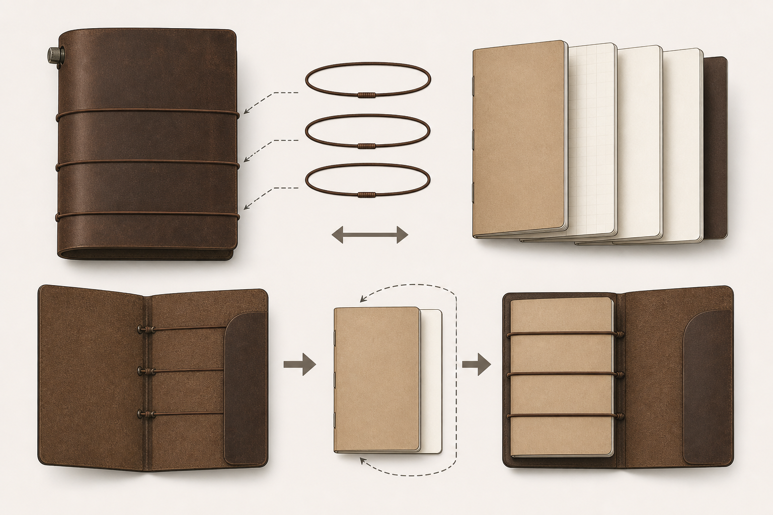 Component overview of the Traveler’s Notebook leather system and refill swapping.
