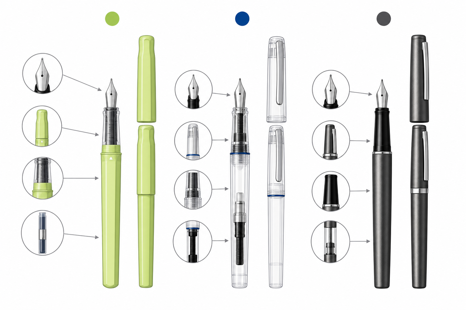 Clean feature comparison diagram of the three Japanese fountain pen models.